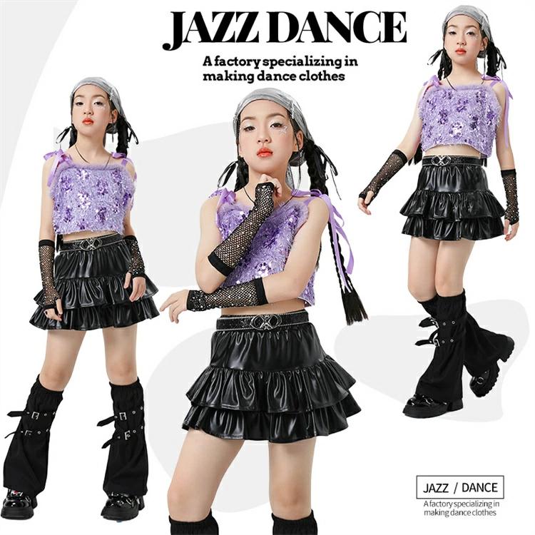 k-pop 衣装 黒 キッズ ダンス衣装 セットアップ スパンコール 紫 へそ