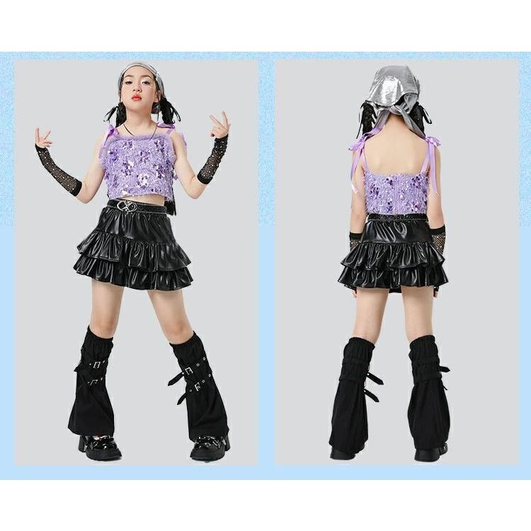 k-pop 衣装 黒 キッズ ダンス衣装 セットアップ スパンコール 紫 へそ