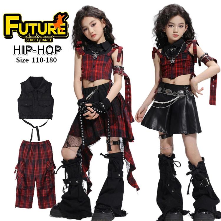 ダンス衣装 赤 黒 キッズ チェック柄スカート へそ出し トップス