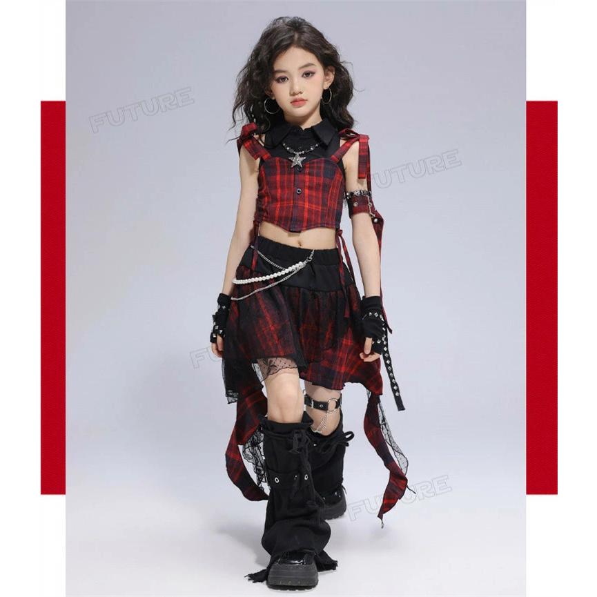 ダンス衣装 赤 黒 キッズ チェック柄スカート へそ出し トップス