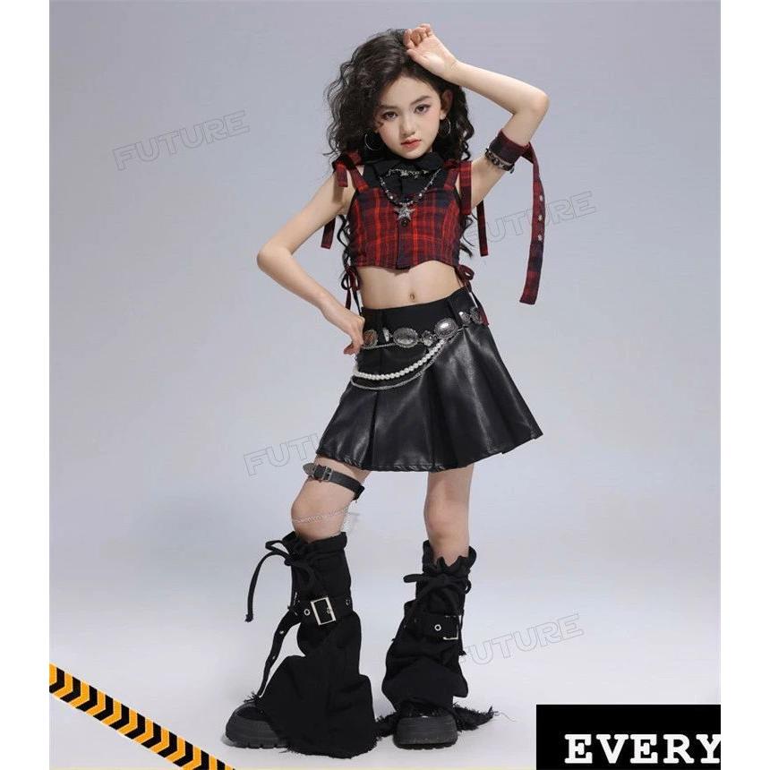 ダンス衣装 赤 黒 キッズ チェック柄スカート へそ出し トップス
