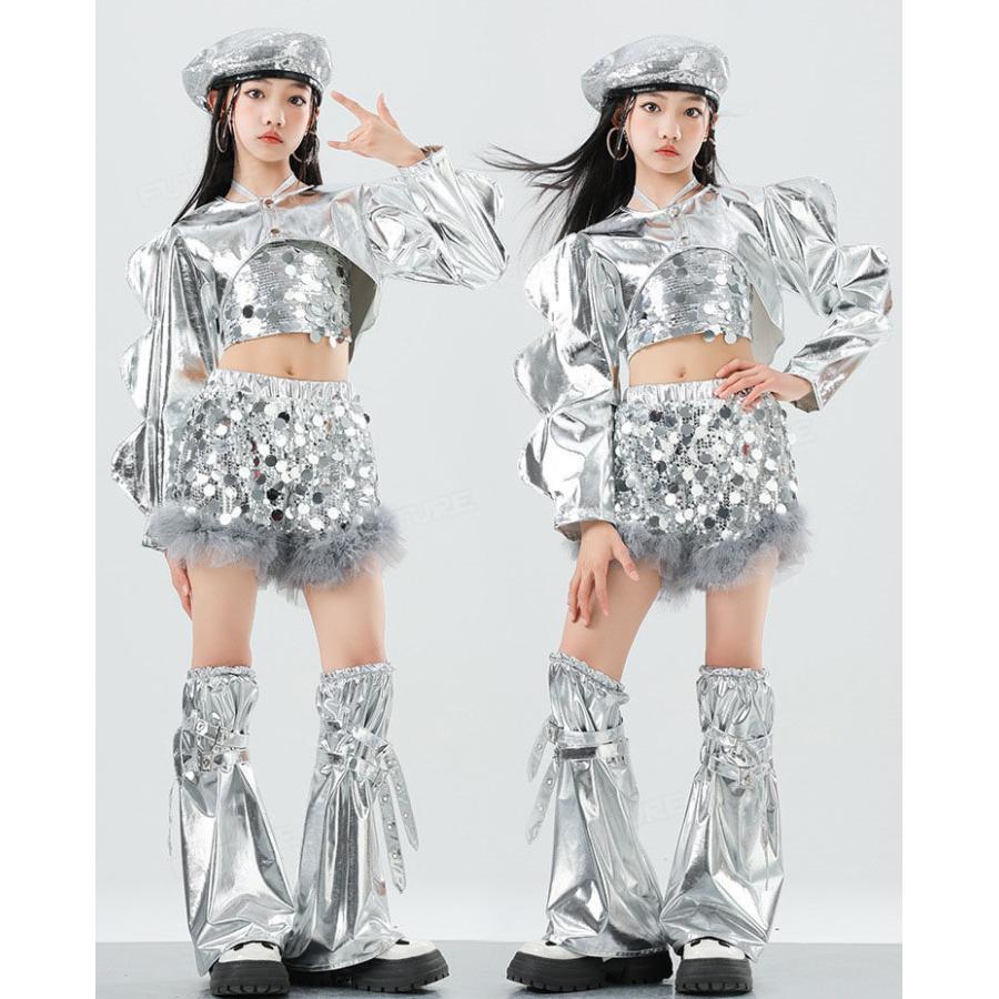 【新品】ラメグリッター4点セットアップ 130cm キッズ ダンス衣装 KPOP kpop×ストリート ラメグリッター セットアップ （フリルスカート