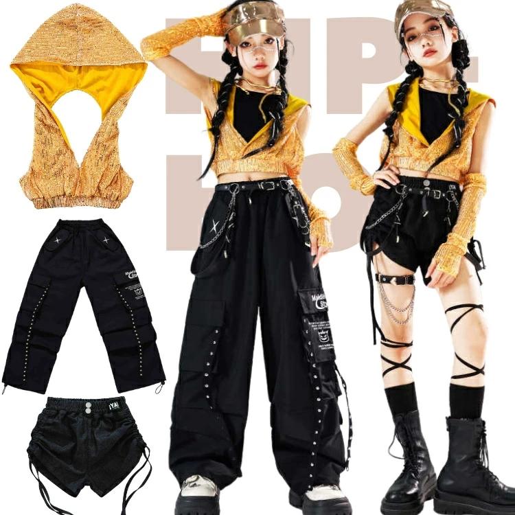 ヒップホップ キッズ オレンジ ダンス衣装 シルバー 黒 夏子供服 へそ
