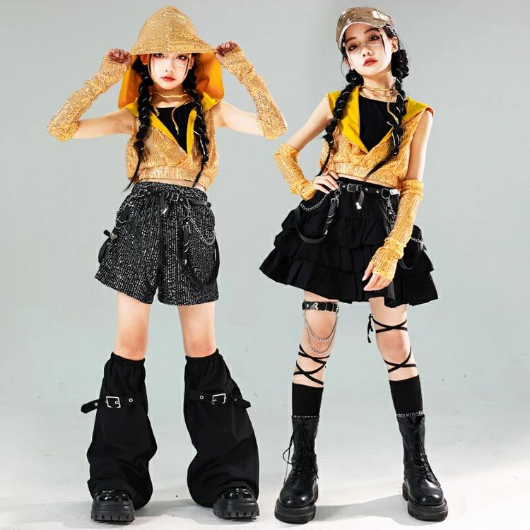 ヒップホップ キッズ オレンジ ダンス衣装 シルバー 黒 夏子供服 へそ