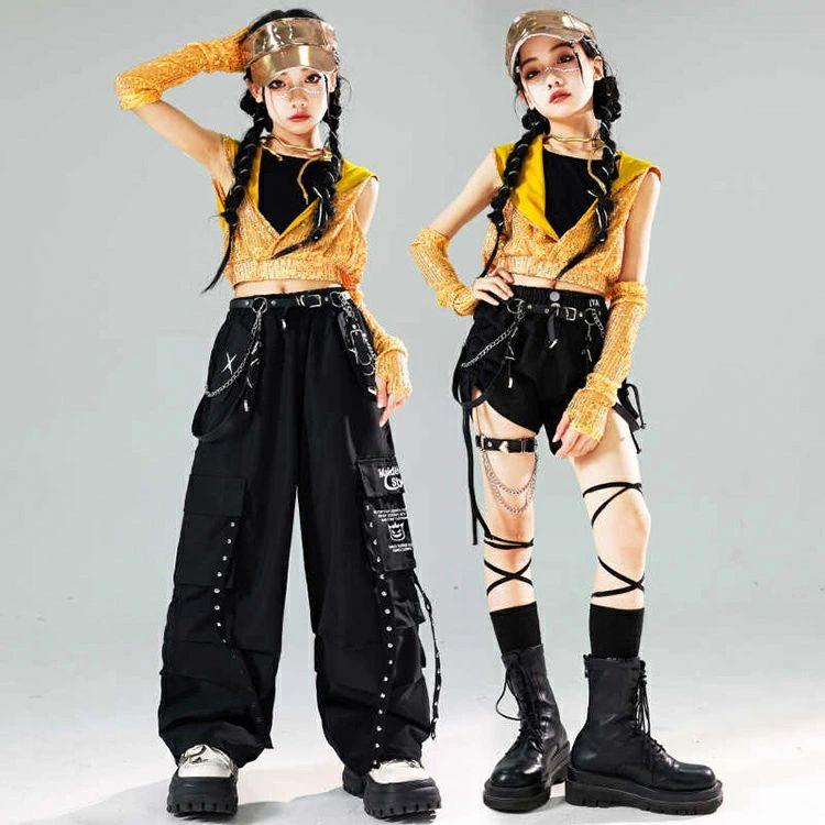 ヒップホップ キッズ オレンジ ダンス衣装 シルバー 黒 夏子供服 へそ