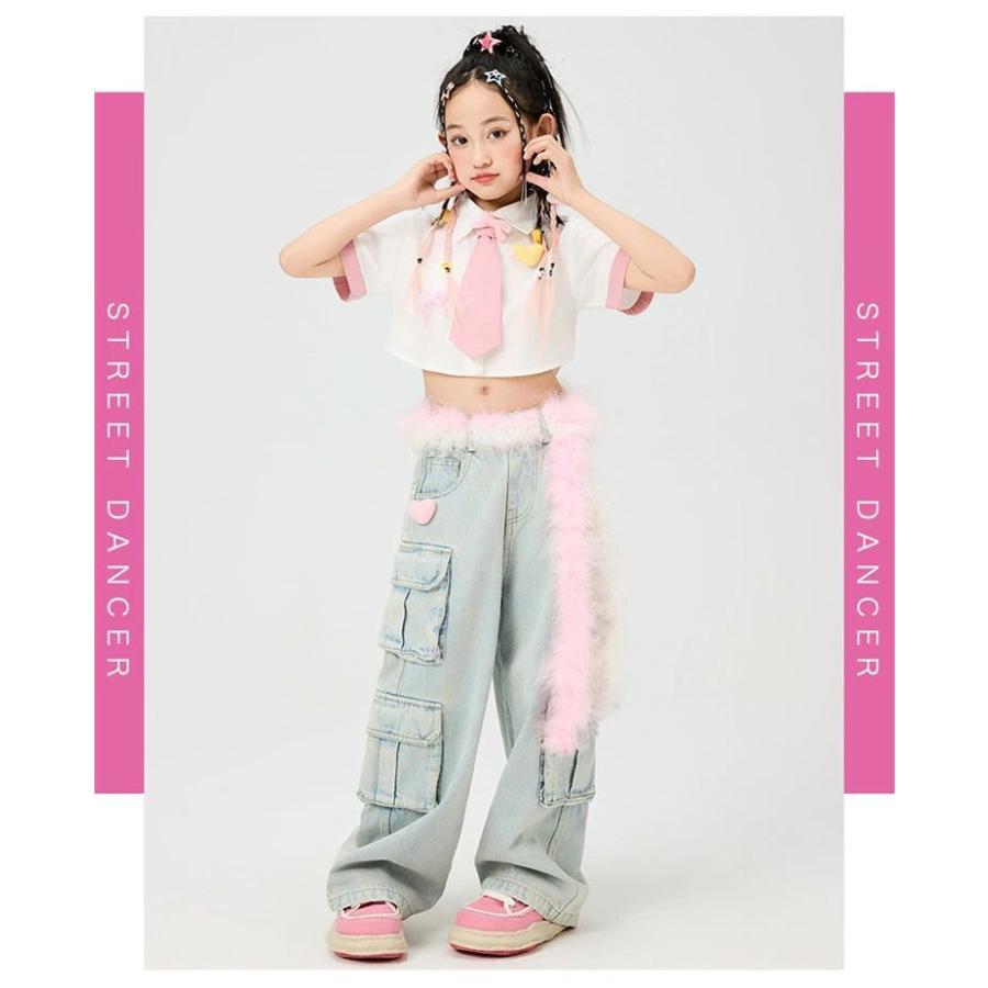子供服 ピンク ネクタイ 白 半袖 へそ出し シャツ ダンス衣装 女の子
