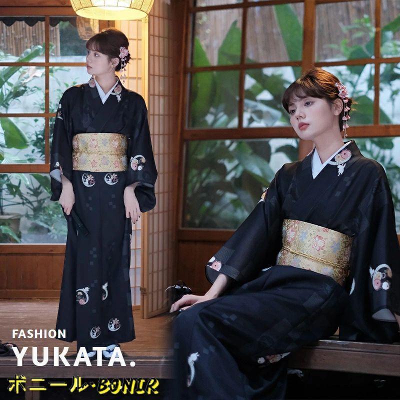 浴衣 レディース セットアップ うさぎ柄 黒 和風 大人可愛い 着物風