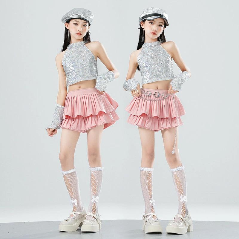 子供用 ダンス演出服 シルバー タンクトップ ピンク スカート ズボン
