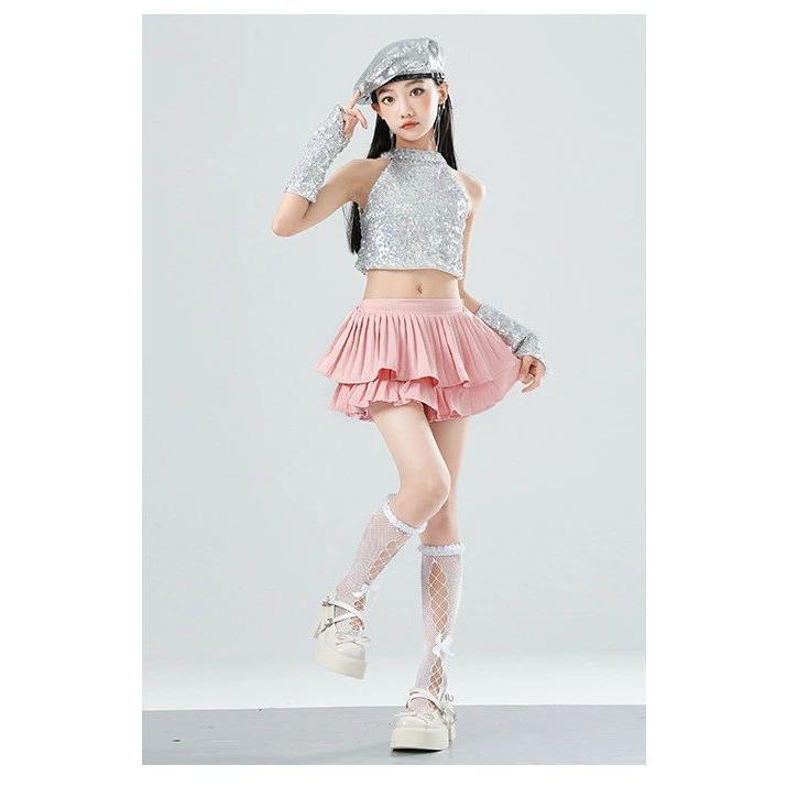 子供用 ダンス演出服 シルバー タンクトップ ピンク スカート ズボン