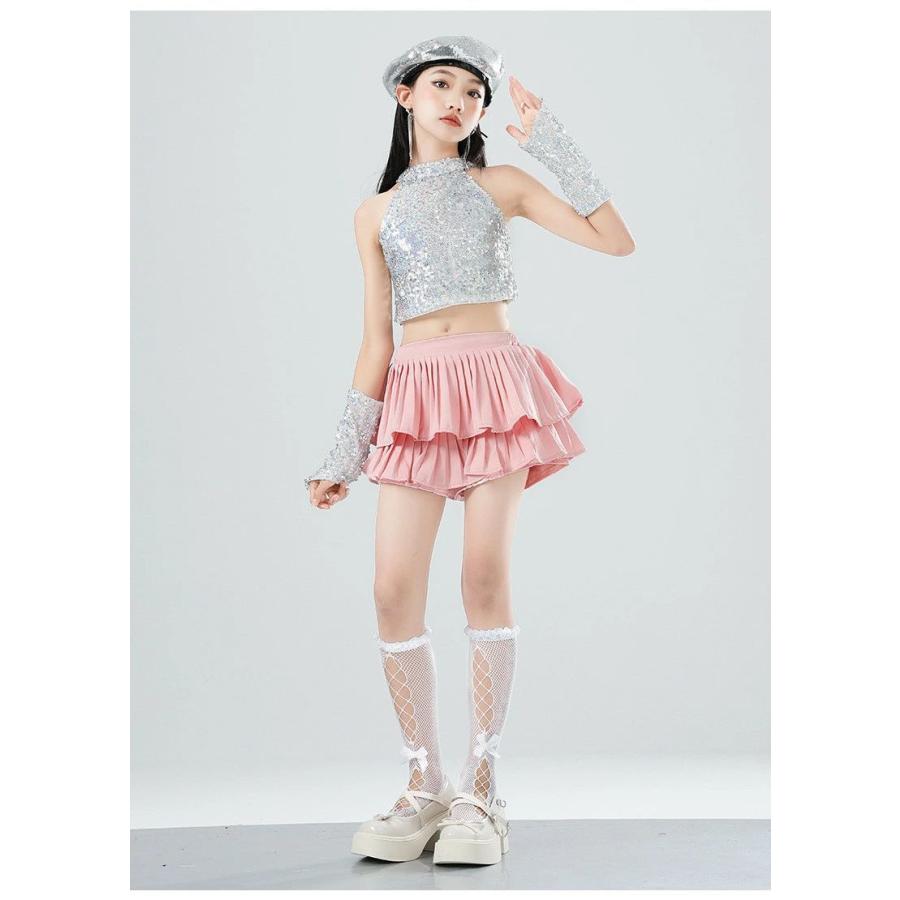 子供用 ダンス演出服 シルバー タンクトップ ピンク スカート ズボン