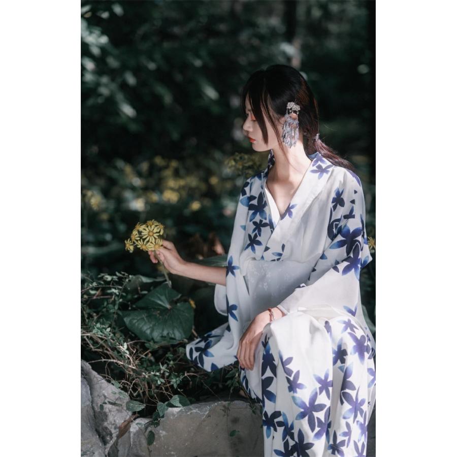 レディース 浴衣 セット 着物 YUKATA 柄 レトロ ホワイト ブルー 寝