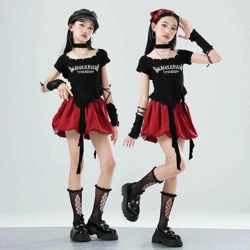 キッズ ダンス衣装 女の子 パンク 黒トップス 赤ミニスカート アーム