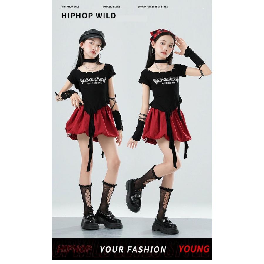 子供　女の子　ダンス衣装 キッズ ダンス衣装 女の子 パンク 黒トップス 赤ミニスカート アーム