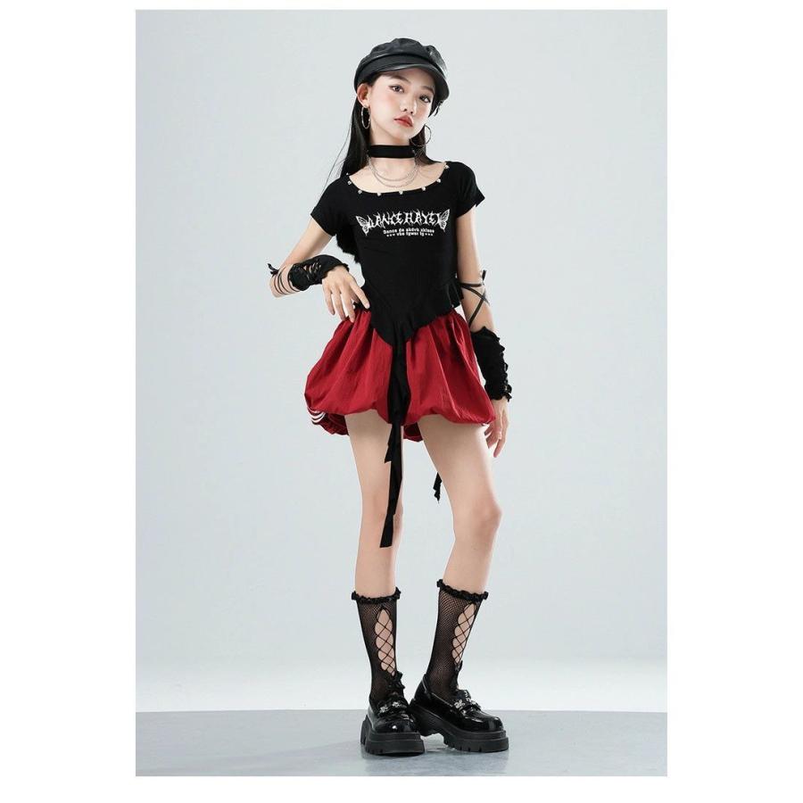 キッズ ダンス衣装 女の子 パンク 黒トップス 赤ミニスカート アーム