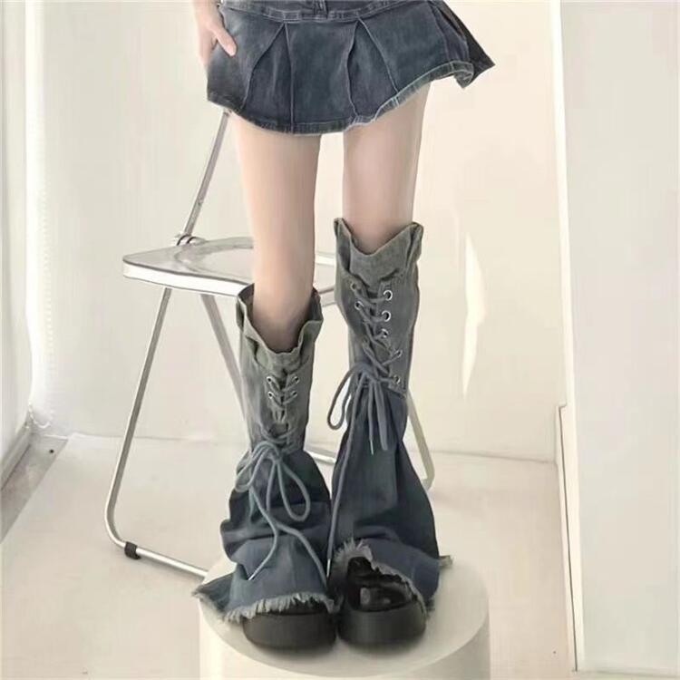 レッグウォーマー デニム Y2K グレー カジュアル ストレッチ ブーツ