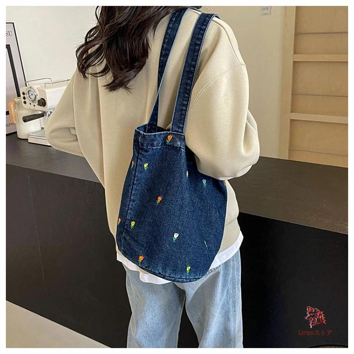 デニムバッグ レディース トートバッグ 花柄 刺繍 バケツバッグ 大きめ