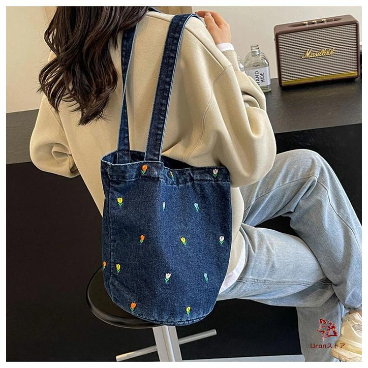 デニムバッグ レディース トートバッグ 花柄 刺繍 バケツバッグ デニムバッグ レディース トートバッグ 花柄 刺繍 バケツバッグ