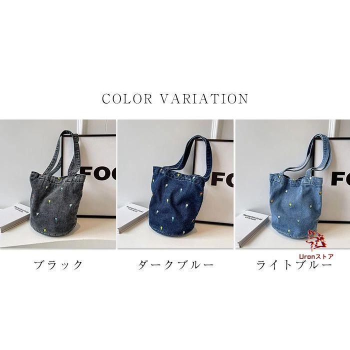 デニムバッグ レディース トートバッグ 花柄 刺繍 バケツバッグ 大きめ
