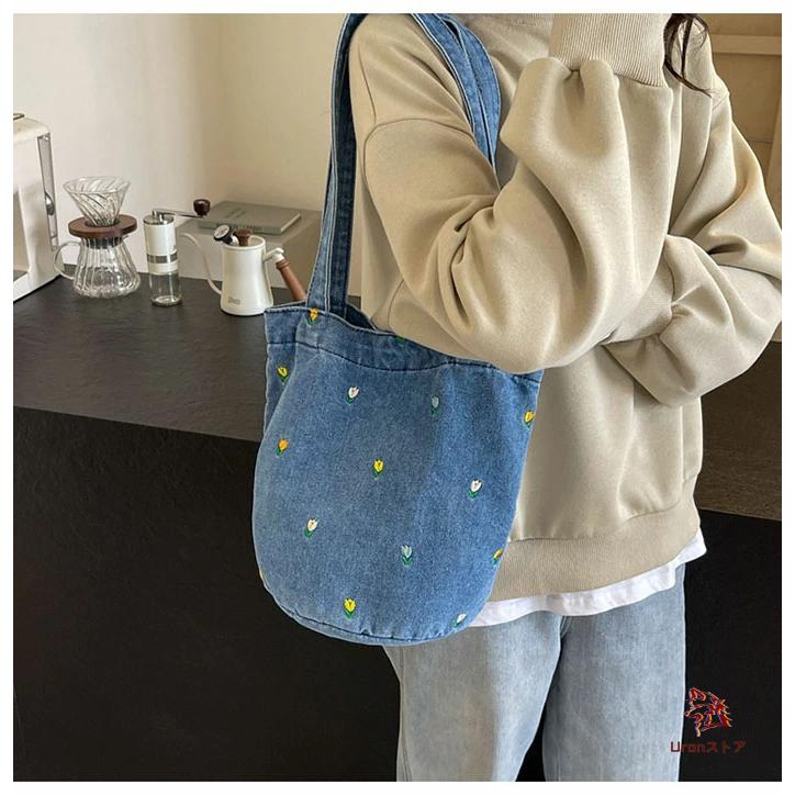 デニムバッグ レディース トートバッグ 花柄 刺繍 バケツバッグ 大きめ