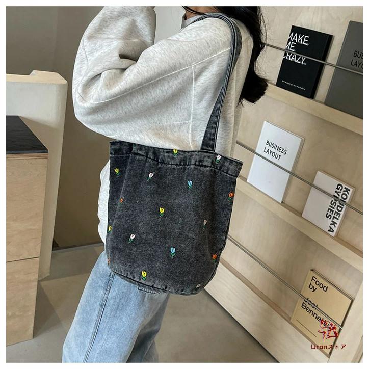 デニムバッグ レディース トートバッグ 花柄 刺繍 バケツバッグ デニムバッグ レディース トートバッグ 花柄 刺繍 バケツバッグ