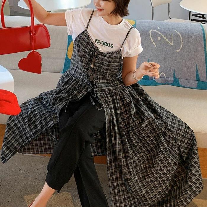 ジャンパースカート レディース 前後2way チェック 前開き キャミ