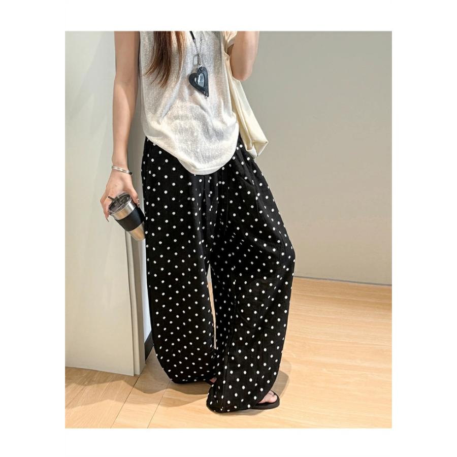バルーンパンツ ドット ワイドパンツ レディース 夏 パンツ リネン混