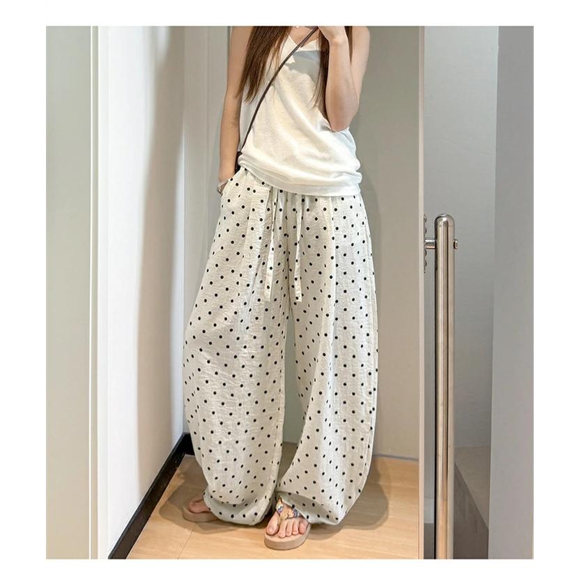 バルーンパンツ ドット ワイドパンツ レディース 夏 パンツ リネン混