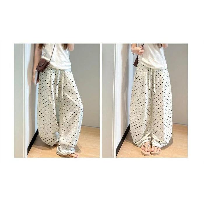 バルーンパンツ ドット ワイドパンツ レディース 夏 パンツ リネン混