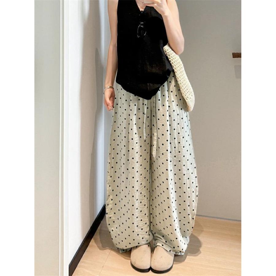 バルーンパンツ ドット ワイドパンツ レディース 夏 パンツ リネン混