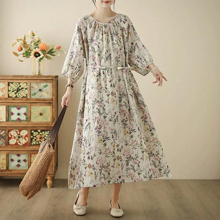 【定価51700円】マリメッコ 花柄 ロング フレア ワンピース Aライン ワンピース レディース 春夏 リネン混 ロングワンピース 七分袖 花柄