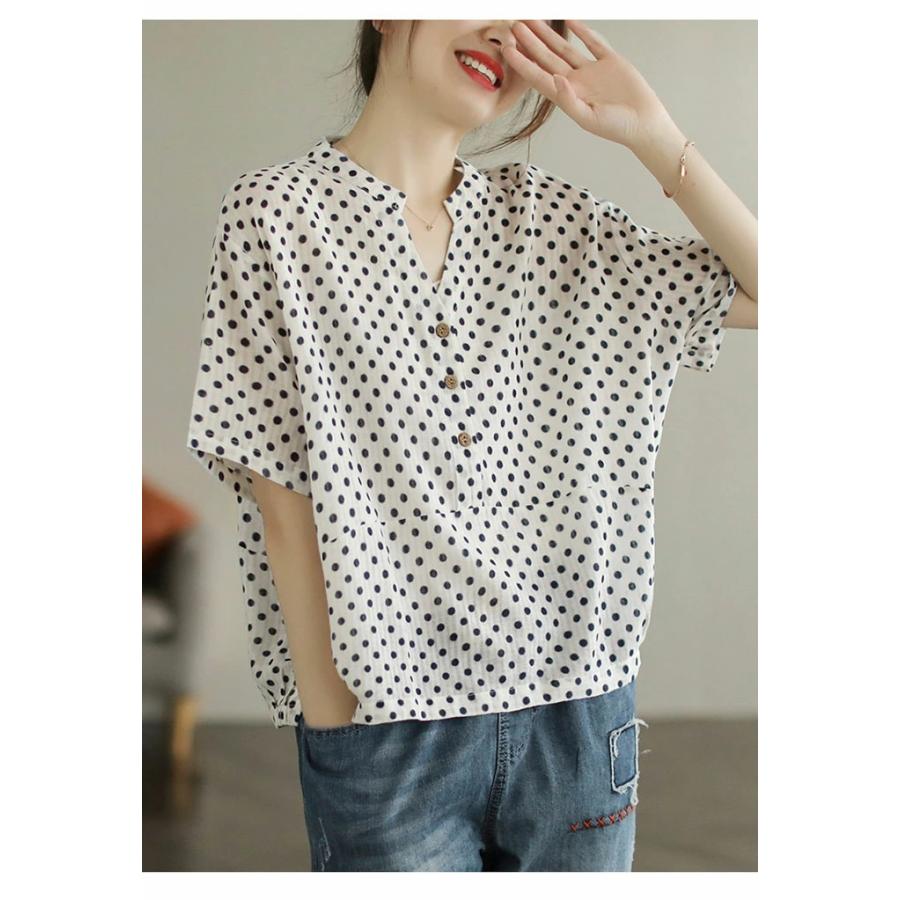 ブラウス レディース 夏 半袖 ドット 水玉ブラウス シャツブラウス T