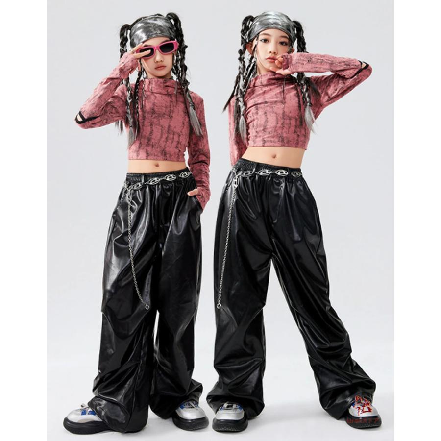 レザーパンツ 黒 キッズダンス 黒パンツ へそ出し トップス