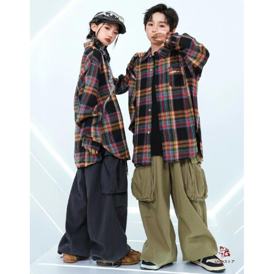 カーゴパンツ 茶色 k-pop 衣装 キッズ ダンス セットアップ チェック柄