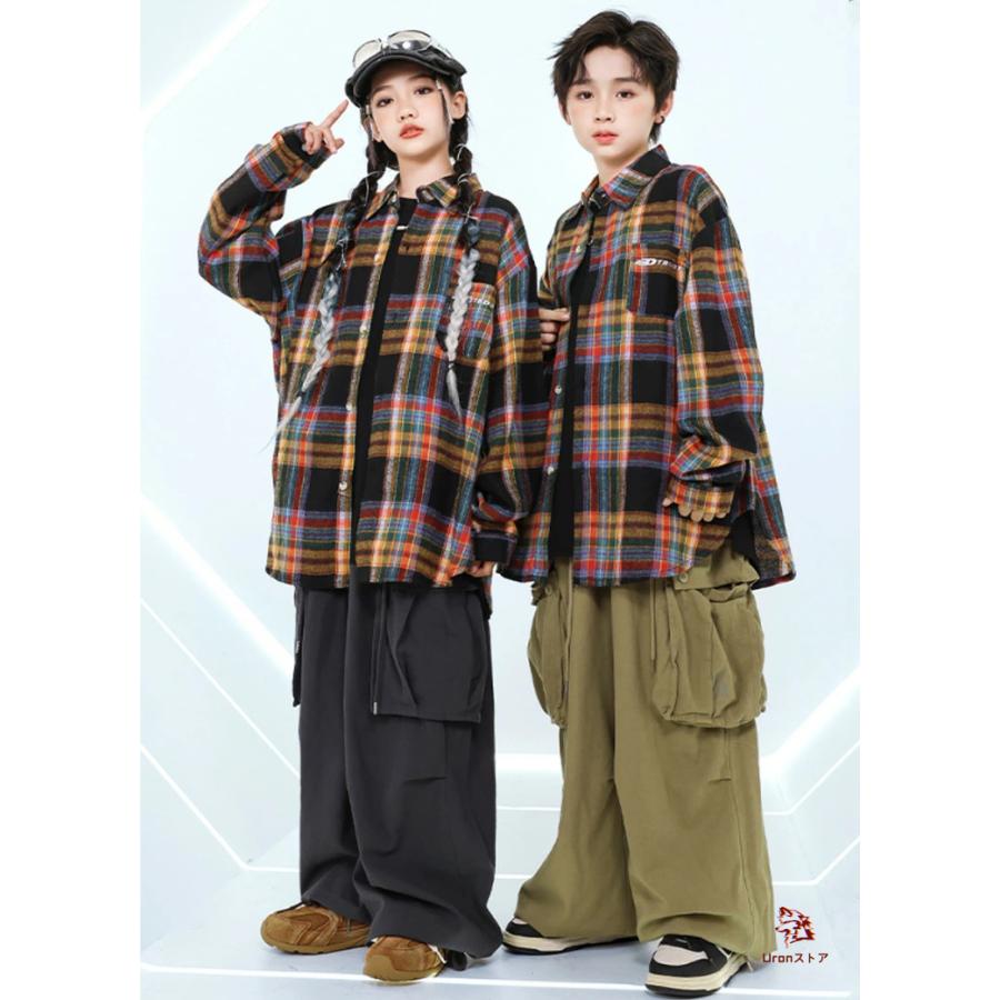 カーゴパンツ 茶色 k-pop 衣装 キッズ ダンス セットアップ チェック柄
