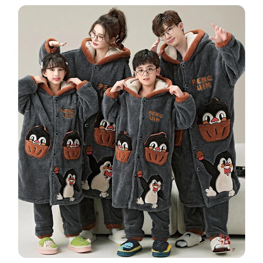 親子コーデ パジャマ 秋冬 もこもこ ペンギン 着ぐるみ フード付き