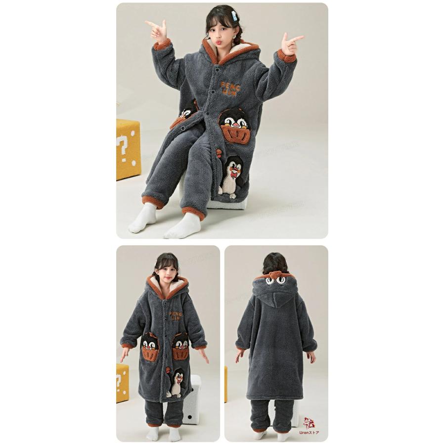 親子コーデ パジャマ 秋冬 もこもこ ペンギン 着ぐるみ フード付き