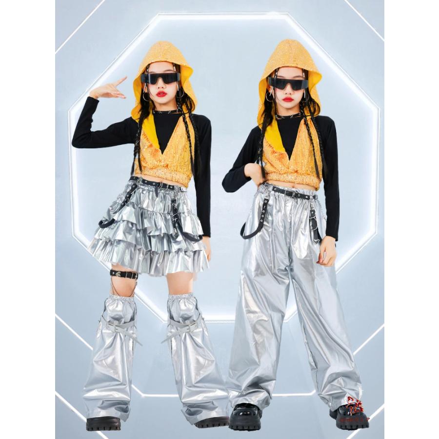 黄色トップス キラキラ キッズダンス衣装 へそ出し トップス 女の子
