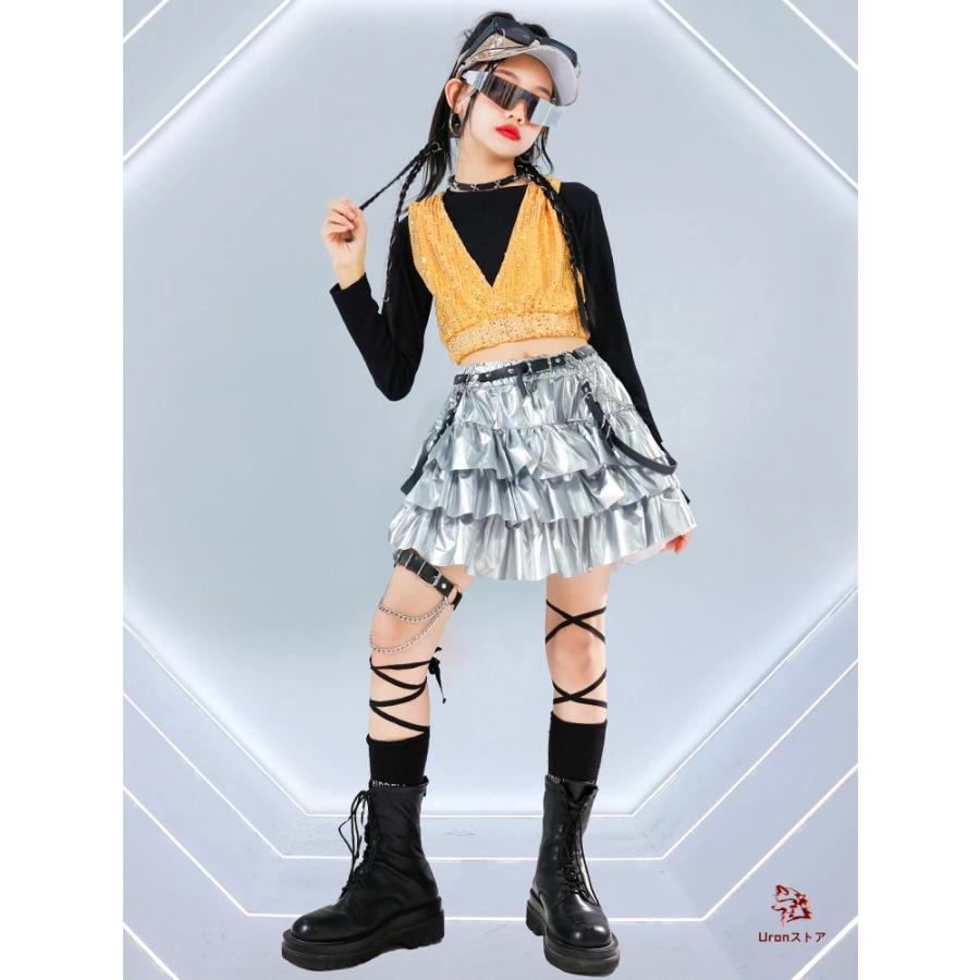 黄色トップス キラキラ キッズダンス衣装 へそ出し トップス 女の子