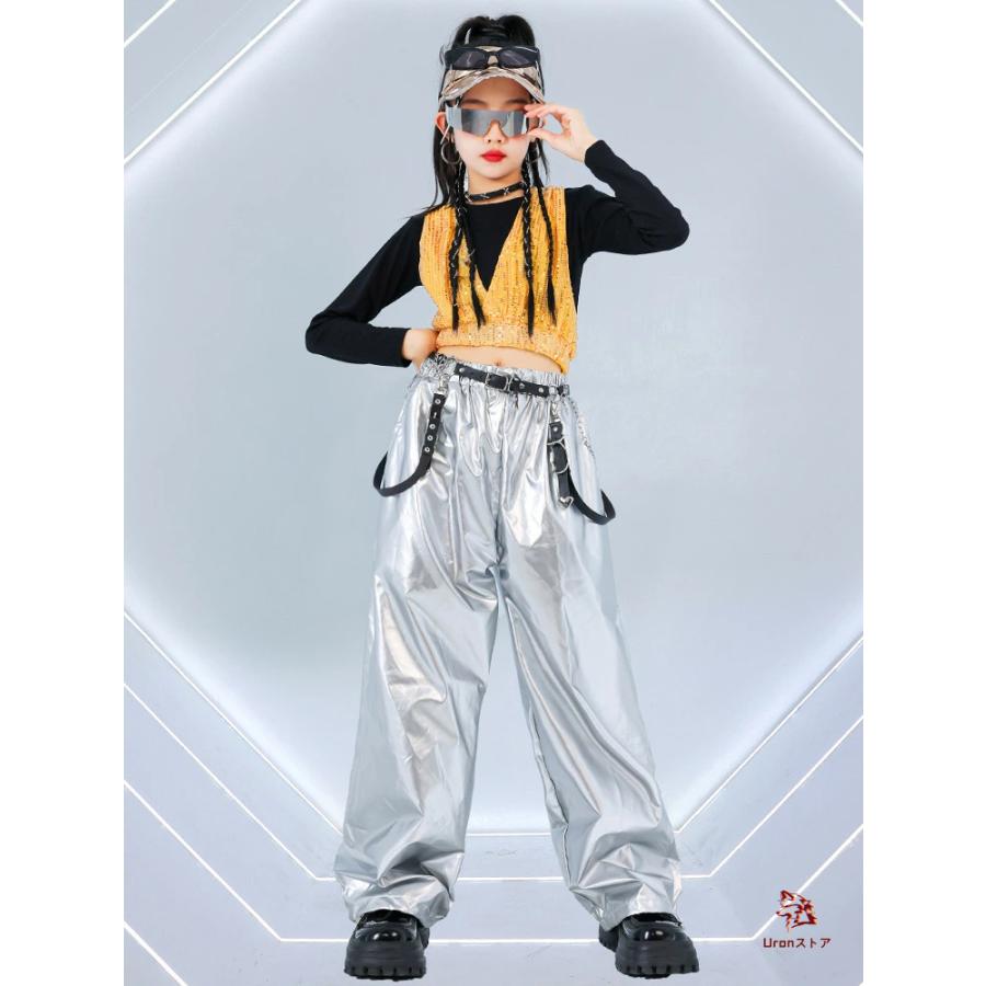 黄色トップス キラキラ キッズダンス衣装 へそ出し トップス 女の子