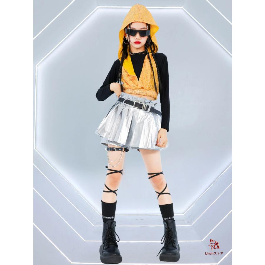黄色トップス キラキラ キッズダンス衣装 へそ出し トップス 女の子
