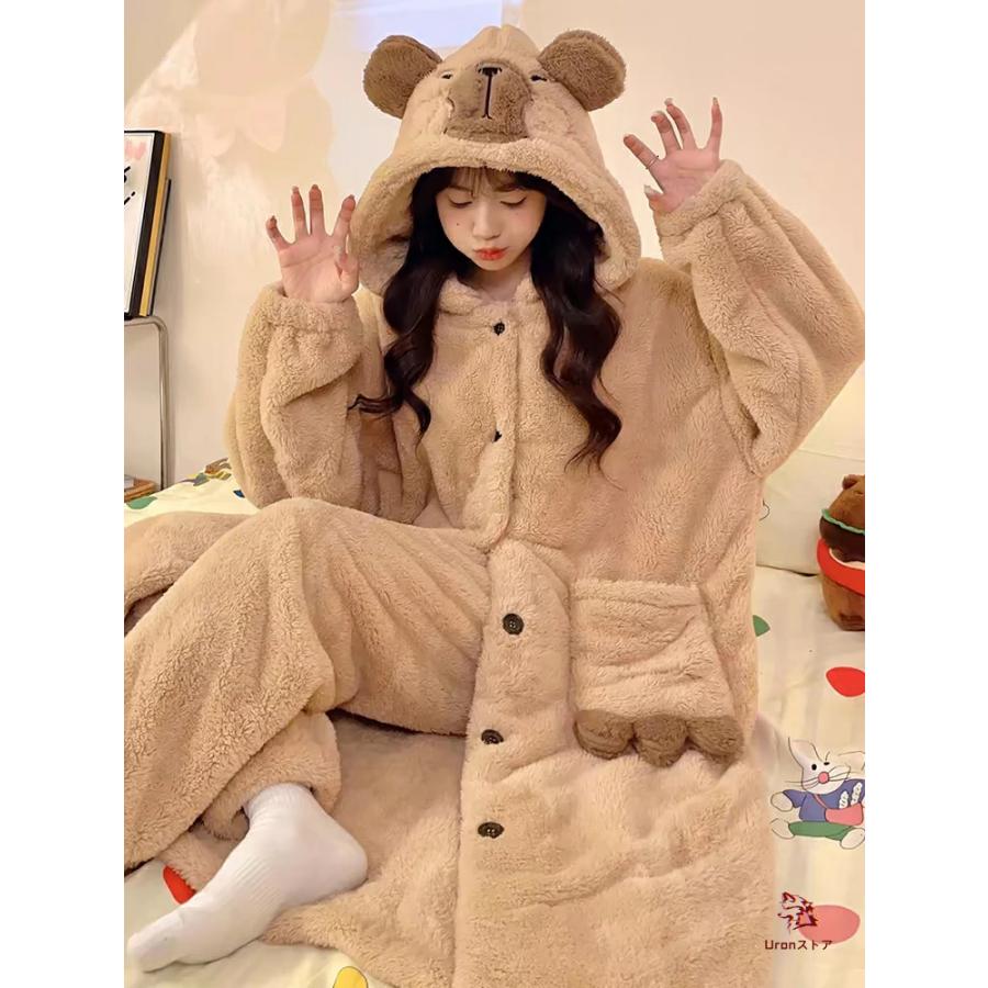 もこもこ 可愛い カピバラ パジャマ 冬 ルームウェア ガウン 熊 お揃い