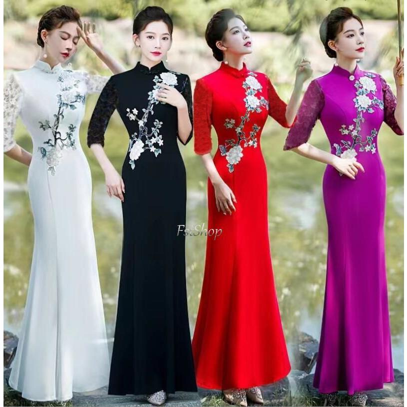 チャイナドレス マーメイドライン中華風マキシ丈 フェミニン立ち襟