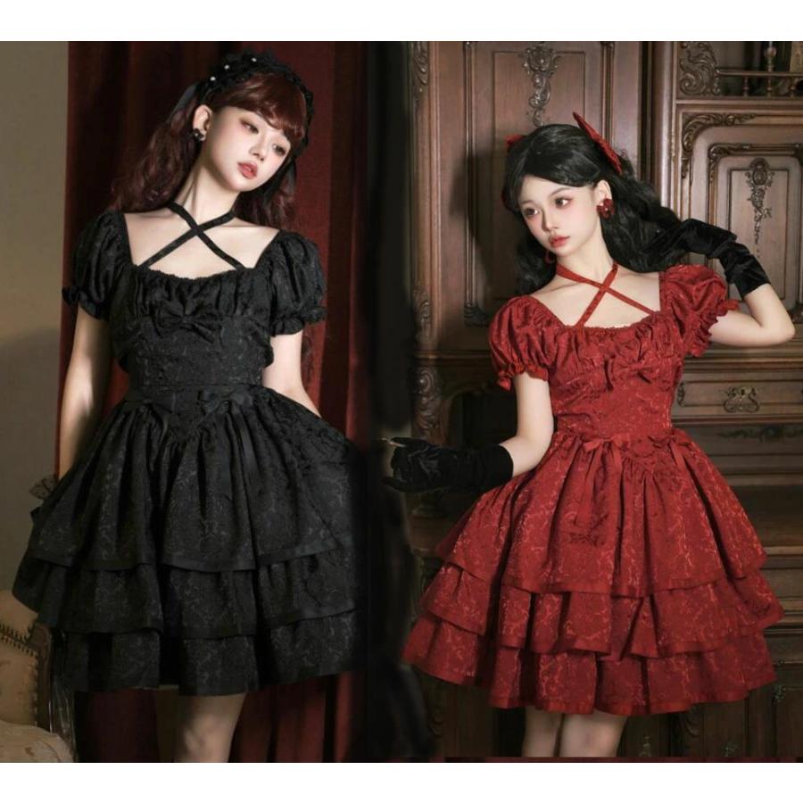 ロリータワンピース 大きい裾 半袖 Lolitaドレス 2色 リボン 3重フレア 