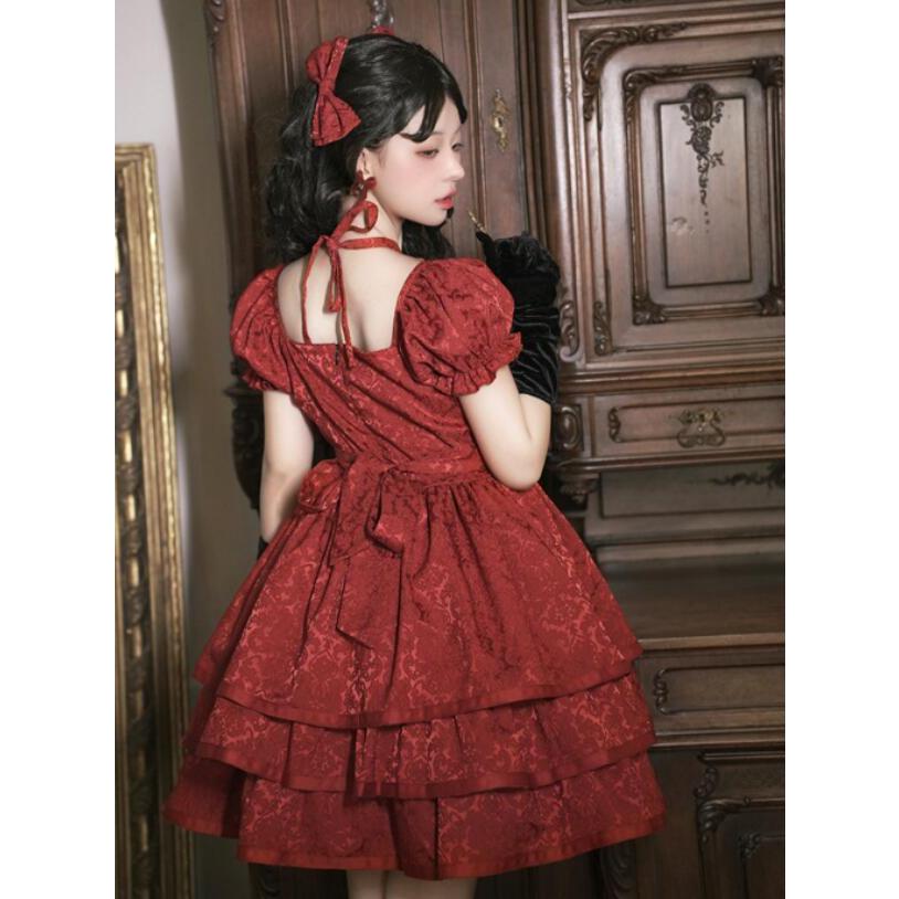 ロリータワンピース 大きい裾 半袖 Lolitaドレス 2色 リボン 3重フレア