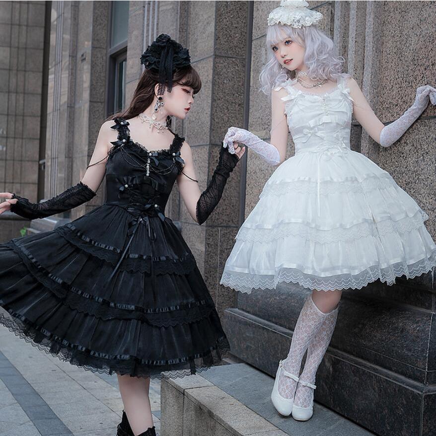 レディース ゴスロリ ワンピース ロリータ ハロウィン リボン 膝丈