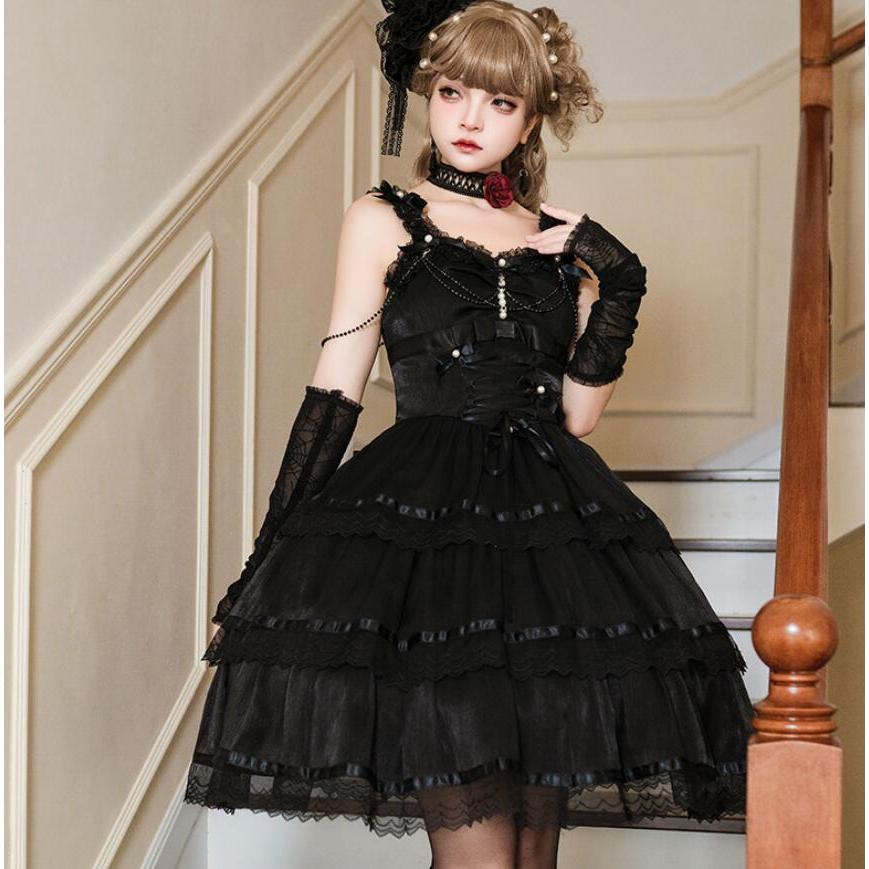 レディース ゴスロリ ワンピース ロリータ ハロウィン リボン 膝丈