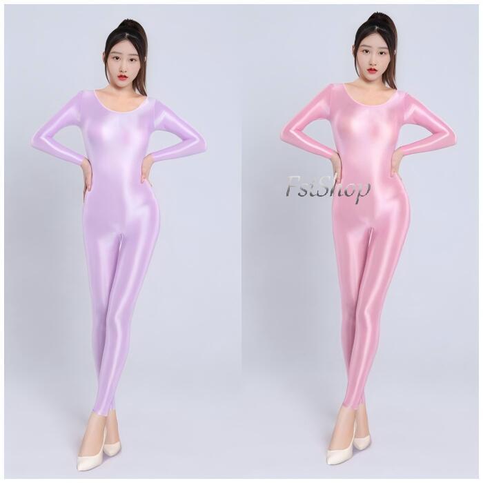 ジャンプスーツ ボディスーツ 長袖レディース光沢メタリック全身