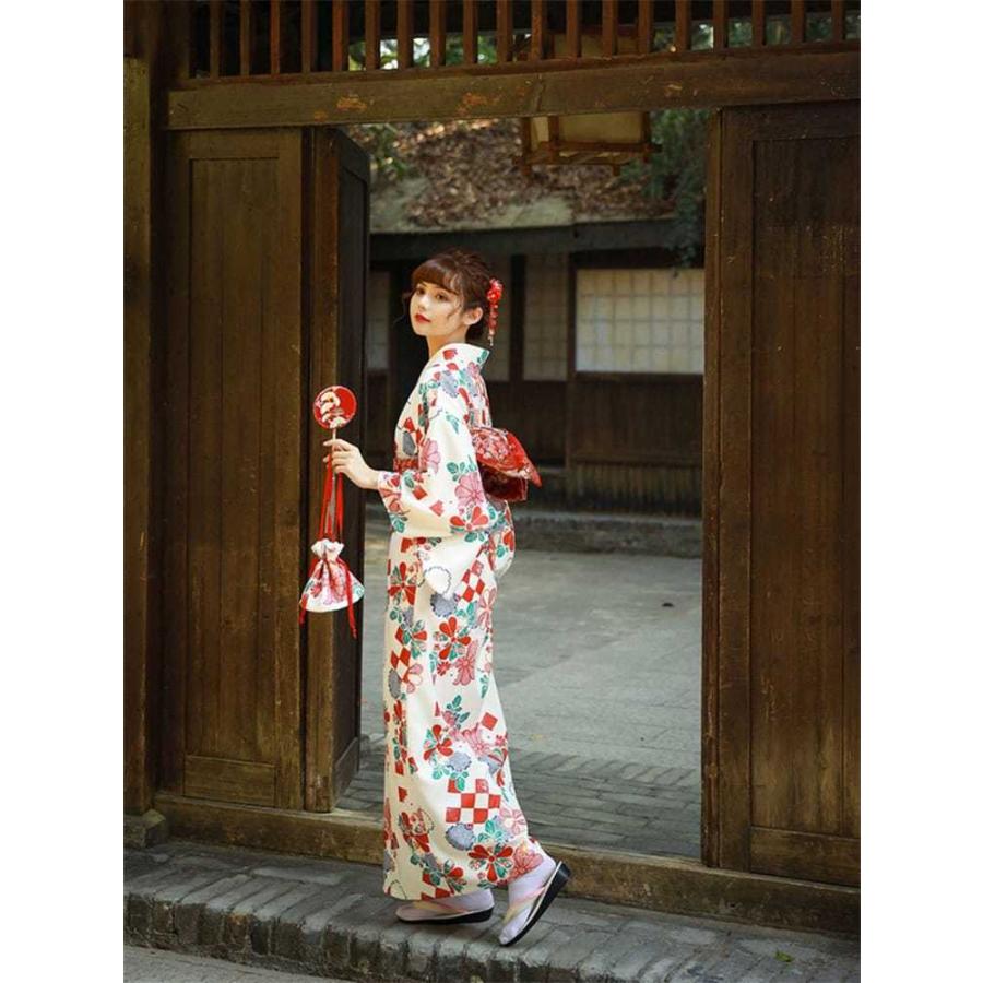 浴衣 5点 セット レディース ゆかた/衿/足袋/巾着袋/下駄 レトロモダン