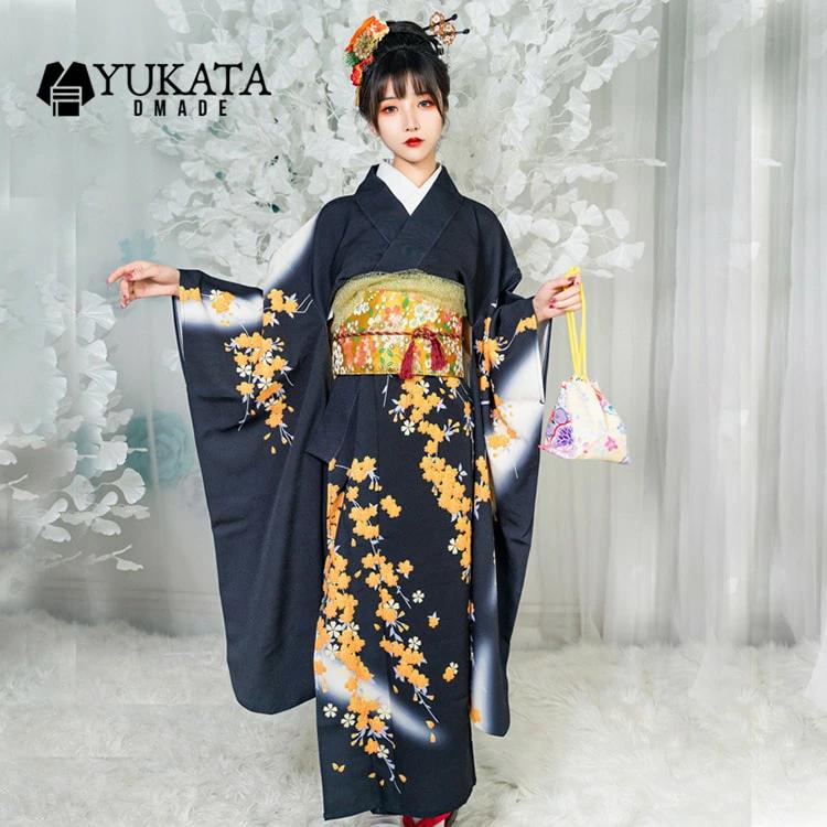 レディース浴衣　ふりふ　黒色花柄 浴衣 レディース 黒 花柄 梅花 8点セット 振袖 フリーサイズ 婦人