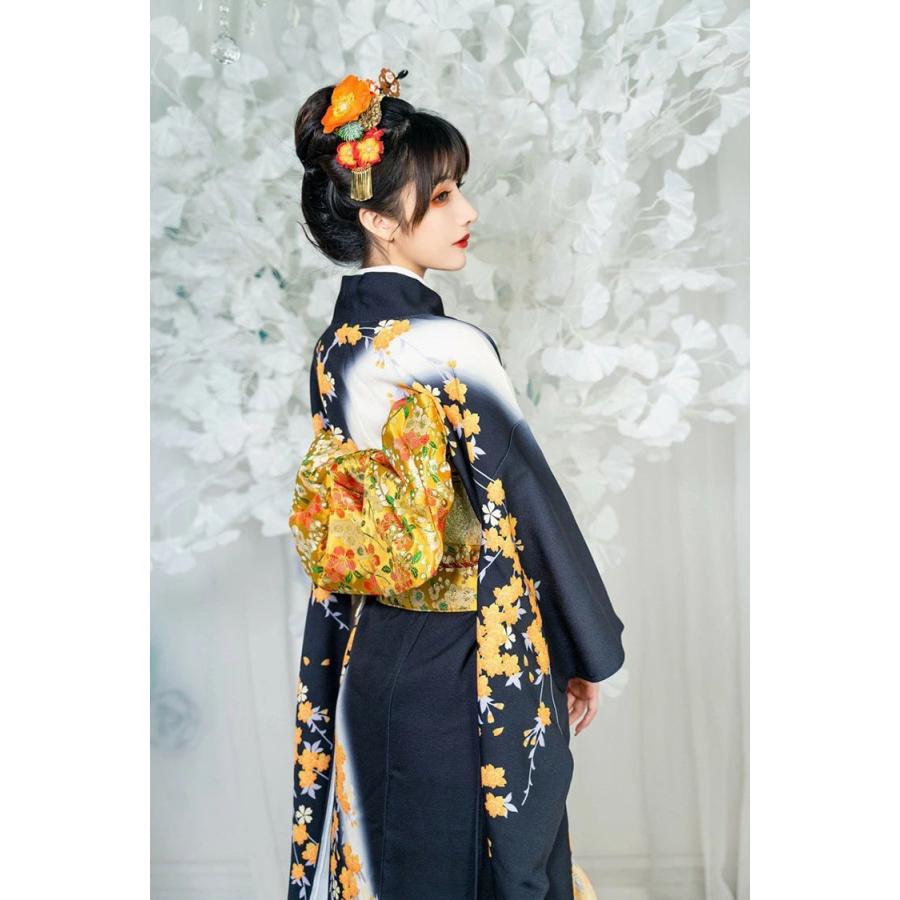 浴衣 レディース 黒 花柄 梅花 8点セット 振袖 フリーサイズ 婦人